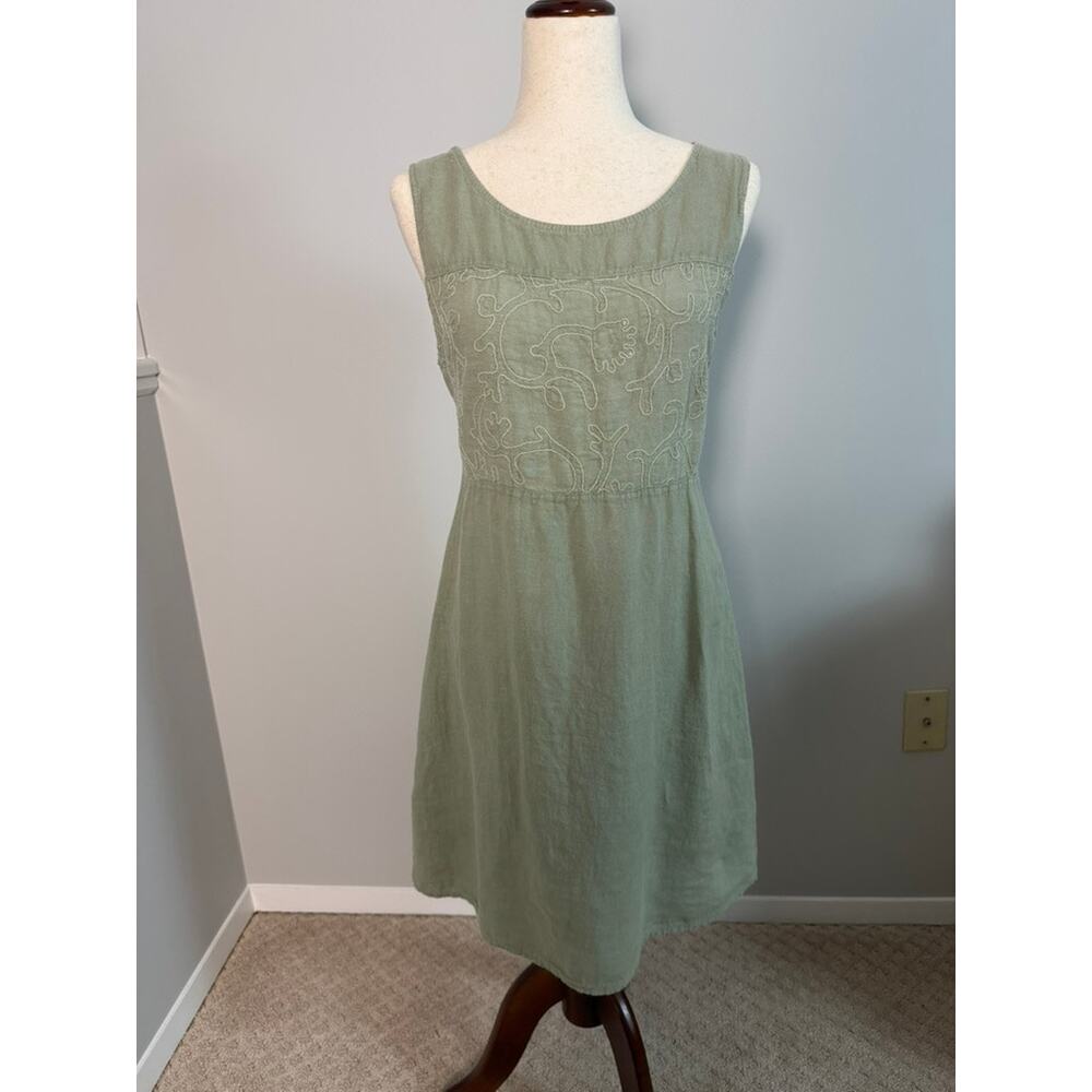 Lina Tomei Italian Linen Shift Dress Sage Green Embroidered Boho Lagenlook L